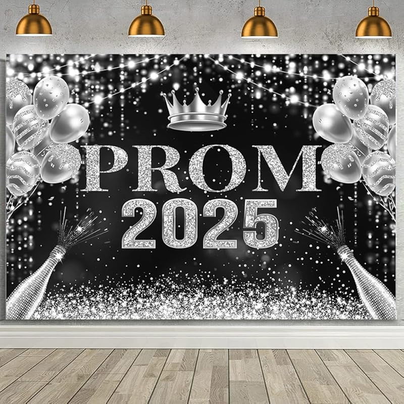 7x5ft Prom Decorations Backdrop Black Silver Prom 2025 Congrats Grad ...