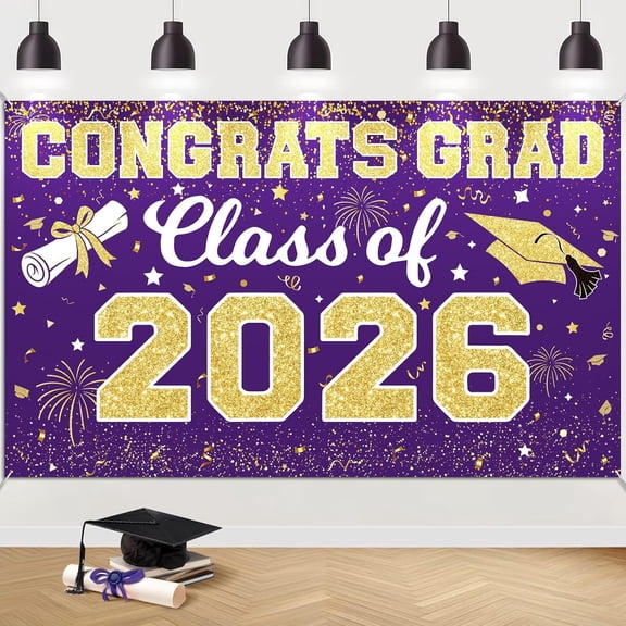 7x5ft Purple Gold Congrats Grad Backdrop Class of 2026 Graduation Background Congratulate Graduate Party Decorations Banner Photo Booth Props