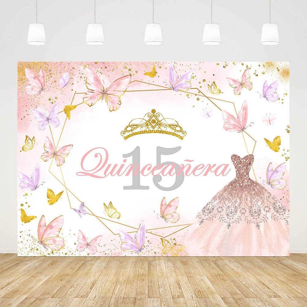 Quinceanera 15th Birthday Backdrop - Pink Princess Dress & Floral Butterfly Design, 8x6 Ft - Photography Background For Sweet 15 Party Decor