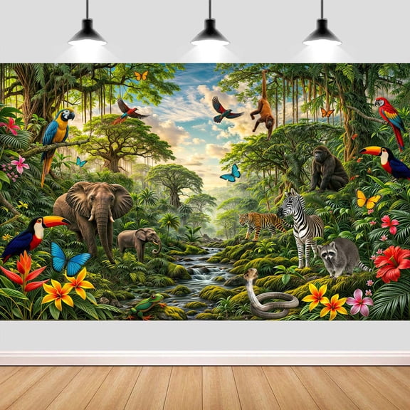 7x5ft Rainforest Theme Backdrop, Tropical Falls Jungle Safari Rain Forest Woodland Wildlife Background Animal Adventure Kids Party 2026 Vacation School Classroom Backdrop Banner Photo Props