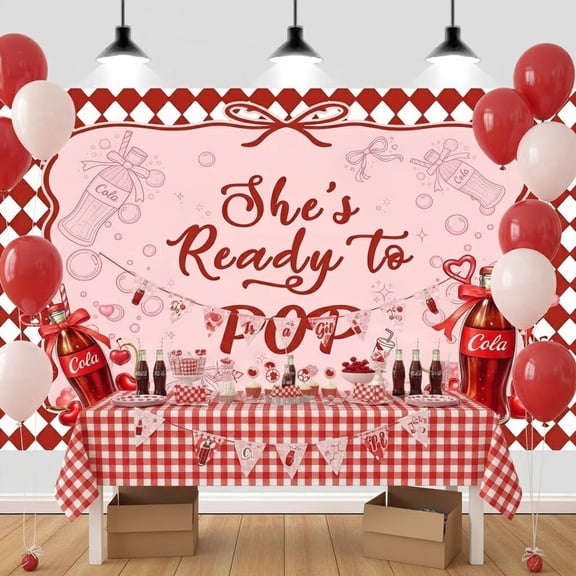 7x5ft She's Ready to Pop Baby Shower Backdrop Decorations, Red Check Bow Coquette Retro Soda Theme Background Banner for Gender Reveal Baby Shower Party Decor Backdrop Photo Booth Props