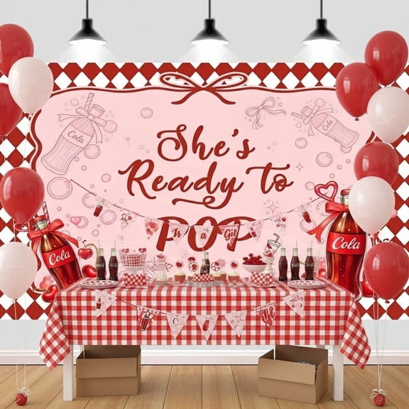 7x5ft She's Ready to Pop Baby Shower Backdrop Decorations, Red Check Bow Coquette Retro Soda Theme Background Banner for Gender Reveal Baby Shower Party Decor Backdrop Photo Booth Props