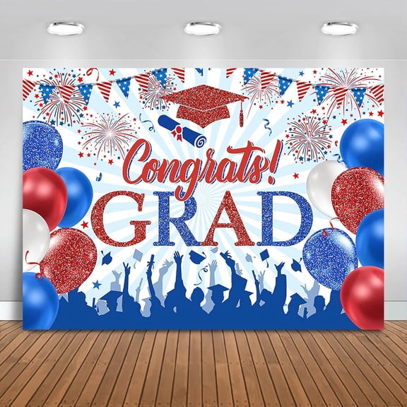 7x5ft Red and Blue Congrats Grad Backdrop Red Blue and White Class of 2026 Graduation Background Congratulate Graduate Party Decorations Banner Photo Booth Props
