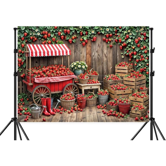 7x5ft Red Strawberry Backdrop Wooden Board Sweet Fruit Farm Market Stall Photography Background Women Girls Baby Birthday Party Decorations Backdrop Banner Photo Booth Props
