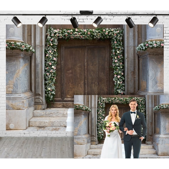 7x5ft Retro Building Wedding Photoshoot Backdrop Floral Door Frame Stone Steps Decoration Background Photography Studio Props