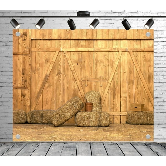 7x5ft Rustic Backdrop Barn Door with Hay Bales Photo Backdrop Wood Panel Background for Theme Party Wedding Birthday Baby Shower Decoration Banner Photo Booth Studio Props