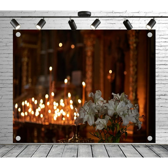 7x5ft Rustic Backdrop Church Interior with Candles and Lilies Photo Backdrop for Theme Party Wedding Birthday Baby Shower Decoration Banner Photo Booth Props