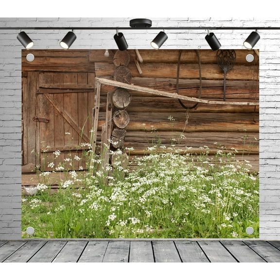 7x5ft Rustic Backdrop Wooden Cabin with Wildflowers Photo Backdrop Greenery Background for Theme Party Wedding Birthday Baby Shower Decoration Banner Photo Booth Studio Props