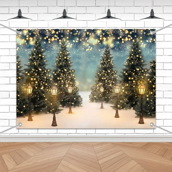 7x5ft Snowy Trees Winter Night Bokeh Christmas Backdrop for Holiday Party Family Photography and Festive Home Decoration