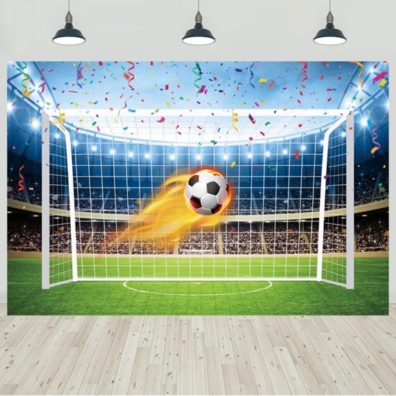 7x5ft Soccer Backdrop Stadium Soccer Pitch Spotlight Audiences Confetti Photography Background for Soccer Theme Happy Birthday Party Banner Decorations Photo Studio Props