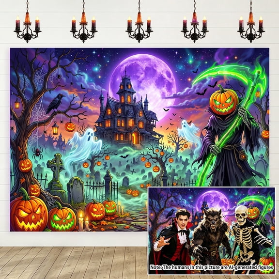 7x5ft Spooky Haunted House Halloween Backdrop, Scary Pumpkin Grim Reaper Photography Background, Purple Moon Graveyard Photo Booth Prop for Party, Studio