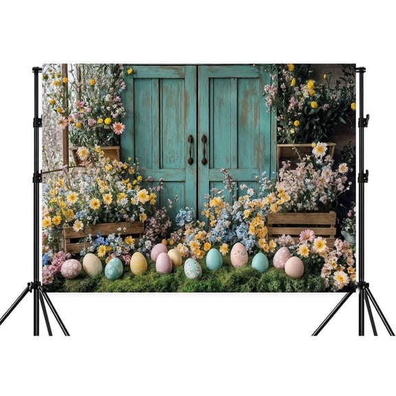 7x5ft Spring Easter Backdrop Blue Wooden Doors Background Flowers Colorful Eggs Bunny Backdrop Wedding Birthday Children's Easter Party Decorations Banner Photo Props