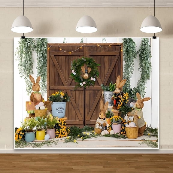 7x5ft Spring Easter Backdrop Rustic Wooden Wall Eggs Rabbit Photography Background for Birthday Baby Shower Party Decorations Banner Portrait Photo Booth