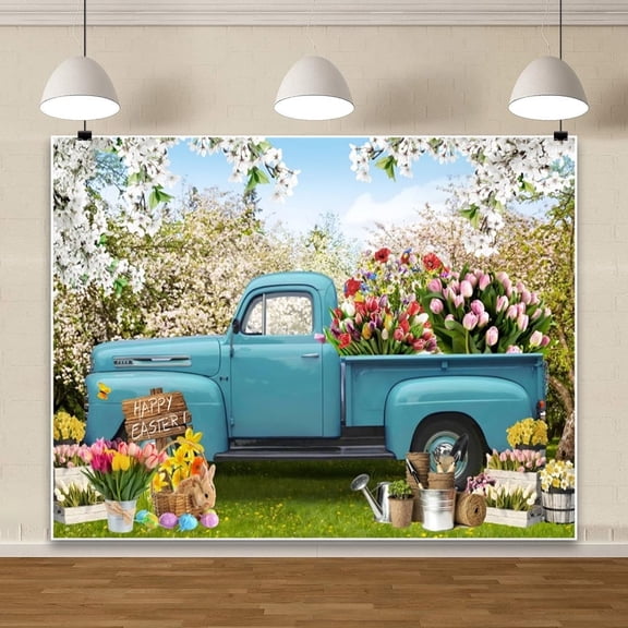 7x5ft Spring Easter Garden Backdrop,Colorful Tulip Flowers Backdrops for Photography,Happy Easter Banner for Easter Decorations