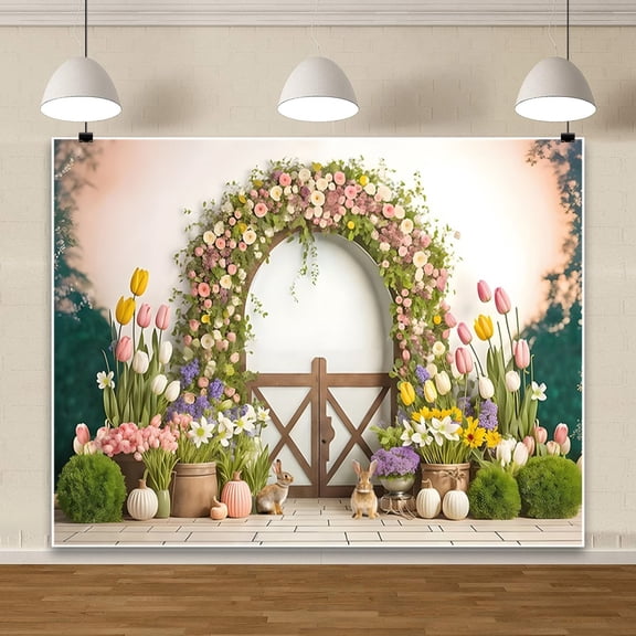 7x5ft Spring Easter Photography Backdrops Tulip Floral Rabbit Eggs Background Bunny Stand Photo Banner Tapestry Booth Props