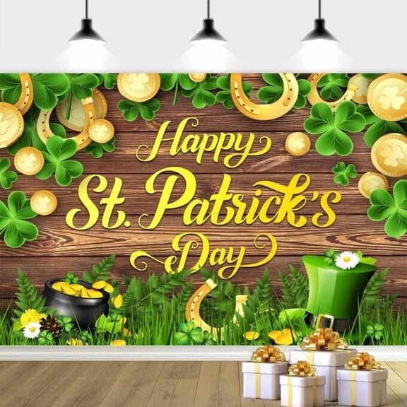 7x5ft St. Patrick's Day Photography Backdrop, Happy St.Patrick's Day Backdrop Green Shamrock Background Banner, Gold Green St. Patrick's Day Background for Patrick's Day Birthday Baby Shower
