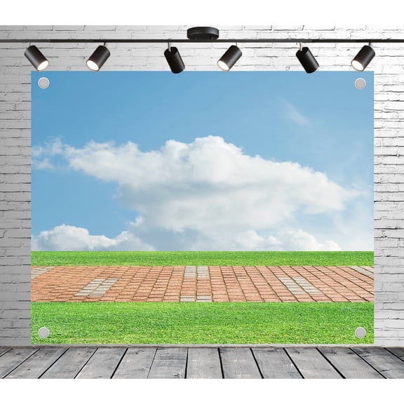 7x5ft Summer Backdrop Grass with Brick Path Photo Backdrop Outdoor Background Decoration Banner for Theme Party Wedding Birthday Baby Shower Photo Booth Studio Props