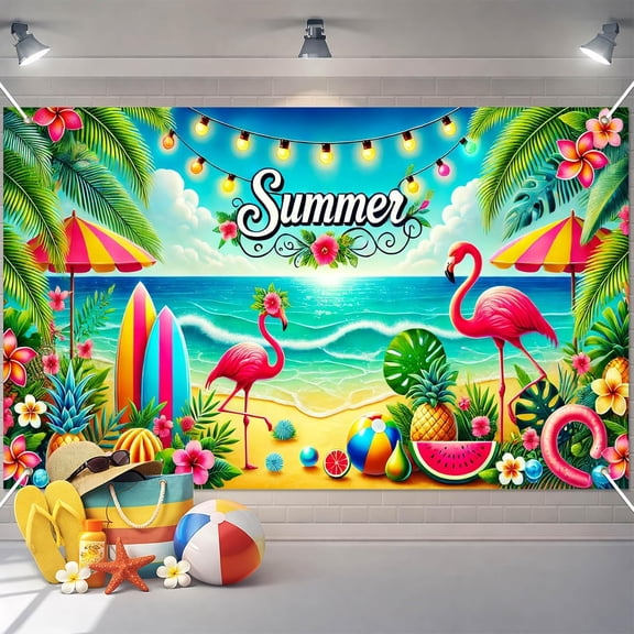 7x5ft Summer Beach Backdrop Hawaiian Tropical Flamingo Fruit and Surfboard Background Pool Party Decorations Banner Photo Booth Props