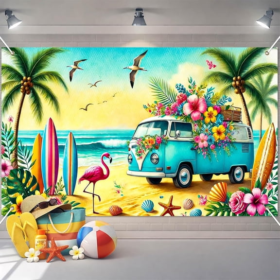 7x5ft Summer Beach Backdrop Tropical Surfboard Flamingo and Vintage Van Background Pool Party Decorations Banner Photo Booth Props
