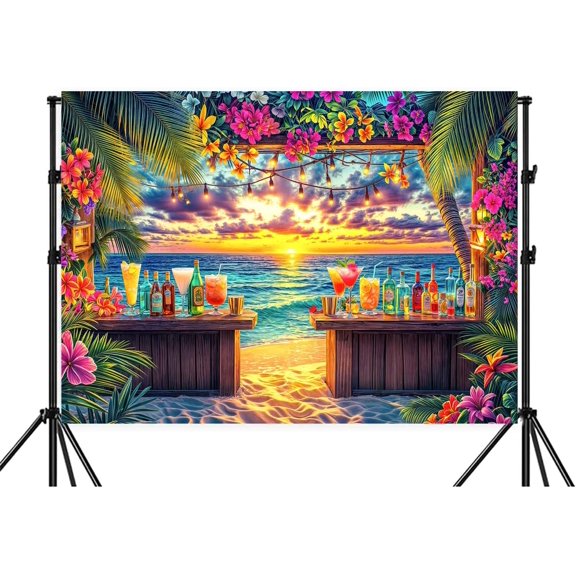 7x5ft Summer Hawaiian Beach Photography Backdrop Tropical Ocean Floral Sunset Palm Tree Leaves Fruits Drink Beer Background for Luau Aloha Party Birthday Decoration Banner Backdrop Photo Booth