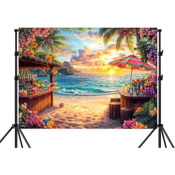 7x5ft Summer Hawaiian Beach Photography Backdrop, Tropical Ocean Sunrise Sunset Palm Tree Flower Sea Background for Luau Aloha Party Decoration Banner Backdrop Photo Booths