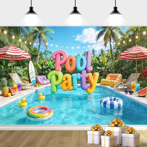 7x5ft Summer Pool Party Backdrop, Summer Beach Pool Themed Parties Background Decor Hawaiian Tropical Palm Poolside Banner Supplies Swimming Parties Decor Cake Table Photo Booth Props, Blue