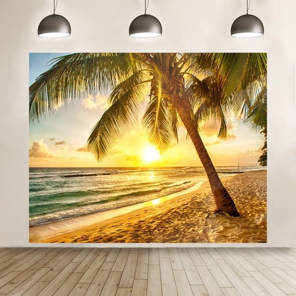 7x5ft Summer Tropical Beach Backdrop Sea Ocean Seaside Sunset Palm Tree Background Hawaiian Luau Aloha Birthday Party Decorations Banner Photo Booth Props