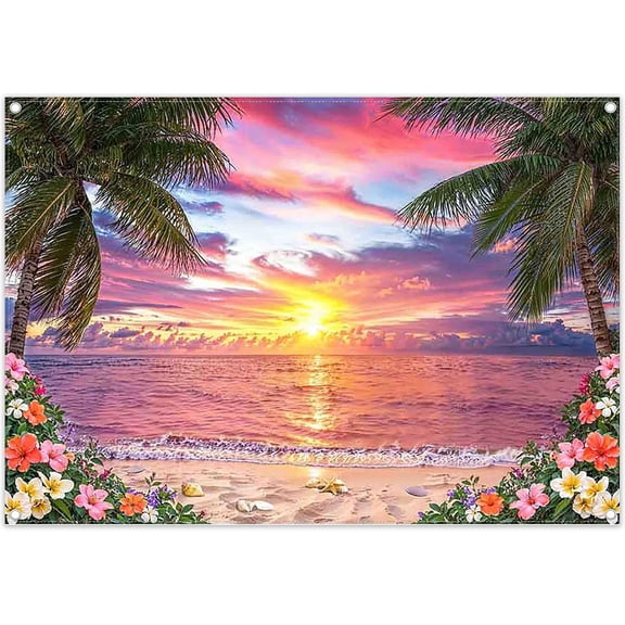 7x5ft Summer Tropical Sunset Hawaiian Beach Backdrop Sea Ocean Seaside Palm Tree Background Luau Aloha Birthday Party Decorations Banner Photo Booth Props