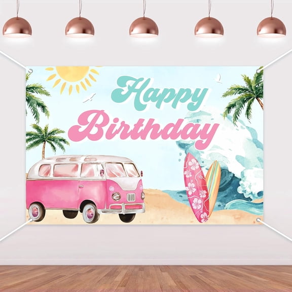 7x5ft Surf Summer Birthday Backdrop Surf Van Surfboard Palm Tree Beach Hawaiian Theme Happy Birthday Background Swimming Pool Party Decorations Banner Photo Booth Props