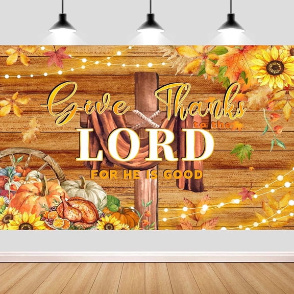 7x5ft Thanksgiving Christian Backdrop Banner Decorations, Give Thanks to The Lord Religious Background, Autumn Maple Leaves Pumpkins Turkey Bible Cross Backdrop for Thanksgiving Harvest Party Decors