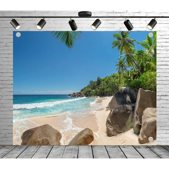 7x5ft Tropical Beach Backdrop – Palm Trees, Seaside Rocks, Turquoise Ocean & Sandy Shore Banner for Summer Party, Photo Booth or Studio Decor, Wedding Photoshoot