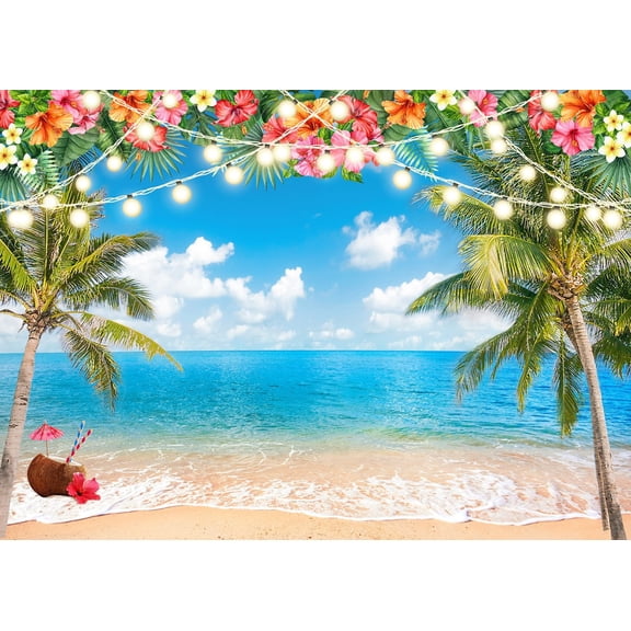 7x5ft Tropical Beach Backdrop Summer Ocean Flower Palm Tree Photo Background for Photography Hawaiian Aloha Party Luau Party Decorations Tiki Theme Birthday Banner