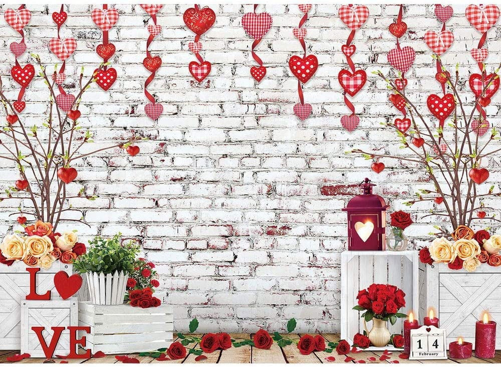 7x5ft Valentine's Day Backdrop White Brick Wall Valentine's Day