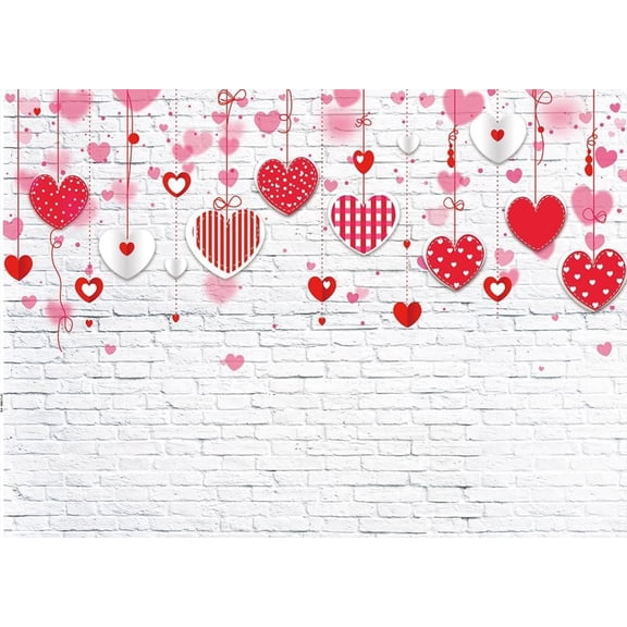 7x5ft Valentine's Day Backdrop White Brick Wall Red Hearts Photography Background for Mother's Day Wedding Bridal Shower Birthday Party Decor Banner Portrait Photo Booth Props 088