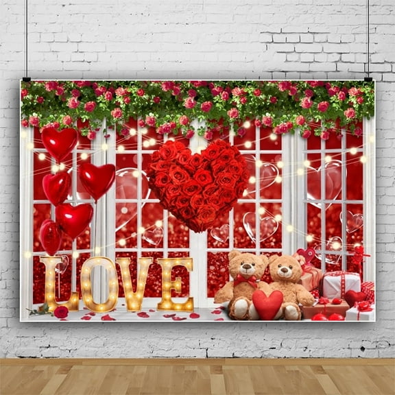 7x5ft Valentines Day Backdrop, Pink Red Floral Backdrops for Photography,Valentine Shop Banner for Valentines Decorations