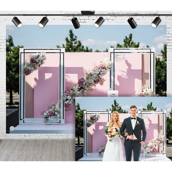 7x5ft Wedding Flowers Backdrop, Pink Background Floral Decoration Photoshoot Birthday Party Reception Video Studio Props Polyester Fabric