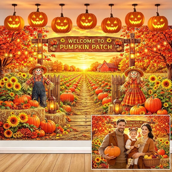 7x5ft Welcome to Pumpkin Patch Backdrop, Fall Scarecrow Sunflower Photography Background, Rustic Thanksgiving Harvest Photo Backdrop for Party Decor, Studio