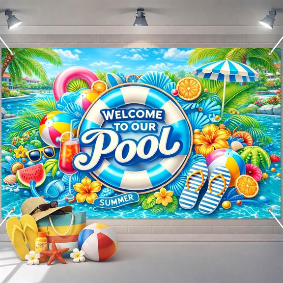 7x5ft Welcome to Our Pool Summer Backdrop Beach Poolside Background Swimming Pool Party Decorations Banner Photo Booth Props