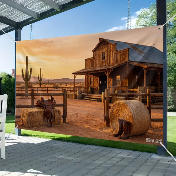 7x5ft Western Cowboy Backdrop Desert Cactus Ranch Barn Saddle Hay Scene Background Cowboy Theme Baby Shower Birthday Party Decor Portraits Photo Booth Studio Props