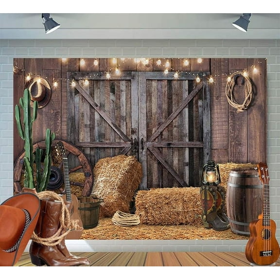7x5ft Western Cowboy Backdrop Western Party Decorations Wild West Vintage Wooden House Barn Door Photography Background Cowboy Theme Party Decorations Banner Photo Booth F44