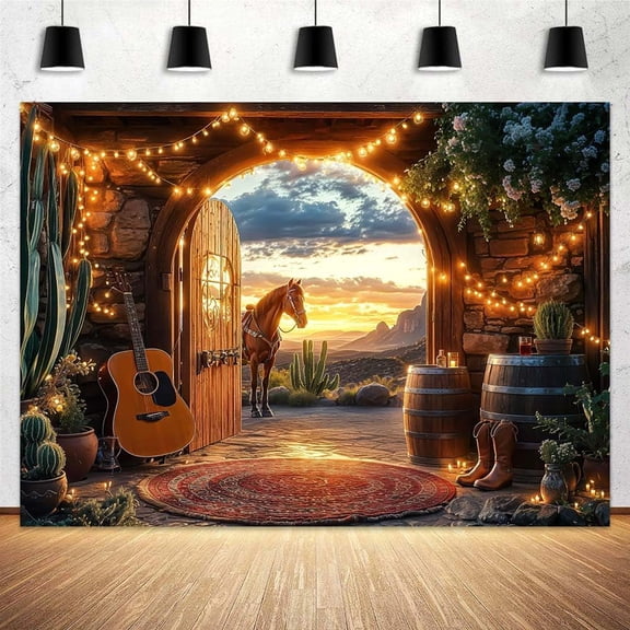 7x5ft Western Cowboy Backdrop Wild West Vintage Wooden Barn Door Horse Sunset Mountain Natural Scenery Landscape Photography Background Western Theme Party Decoration Banner Photo Booth