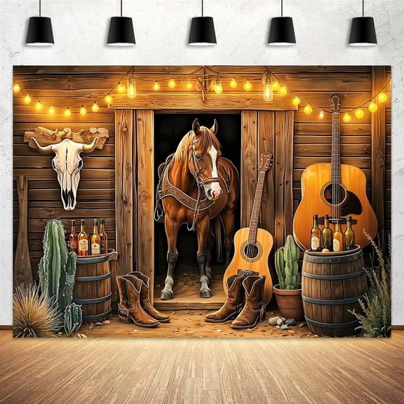 7x5ft Western Cowboy Backdrop Wild West Wooden Barn Door Horse Photography Background Cowboy Theme Party Decorations Backdrop Banner Photo Shoot Props