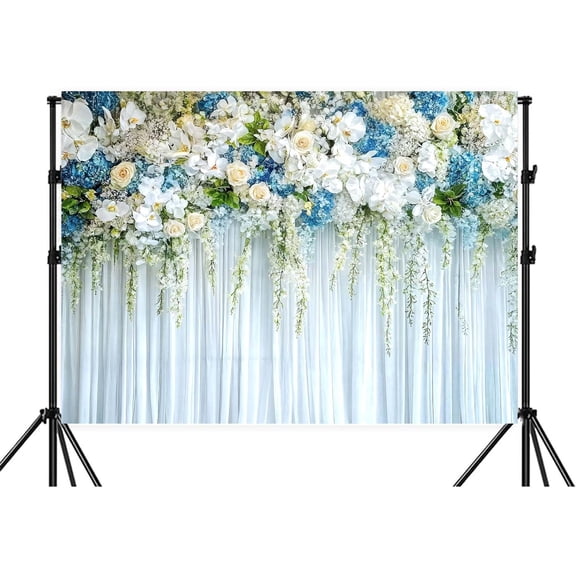 7x5ft White Rose Floral Backdrop White Blue Gold Rose Flowers Backdrop Girls Woman Birthday Party Tea Party Baby Shower Anniversary Photography Background Decor Bridal Wedding Photo Shoot Props