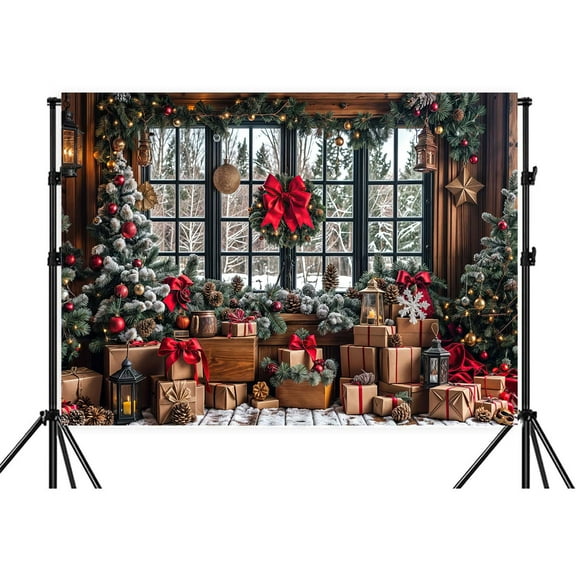7x5ft Winter Christmas Photography Backdrop Red Xmas Tree Snow Rustic Wooden Window Banner for Family Holiday Party Decoration Supplies Photo Studio Props Pictures