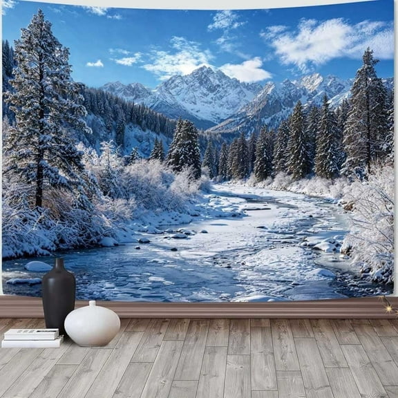 7x5ft Winter Forest Snow Mountain Pine Tree Backdrop for Living Room