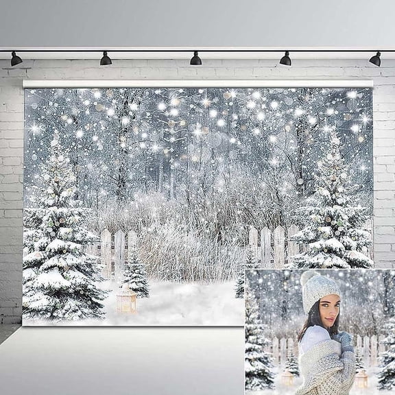 7x5ft Winter Snowy Forest Christmas Tree fence Photography Backdrop