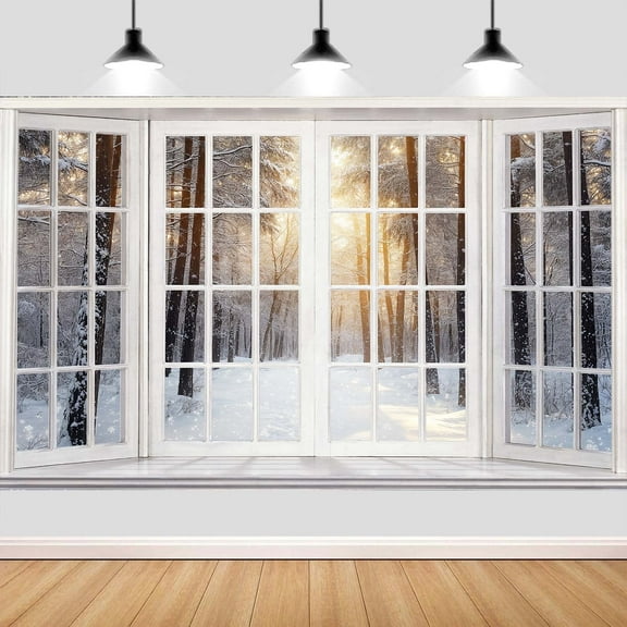 7x5ft Winter Window Photography Backdrop, Nature Snowflakes Snowy Scenery Forest French Window Background for Christmas Happy New Year Party Decorations Supplies Banner Photo Studio Props