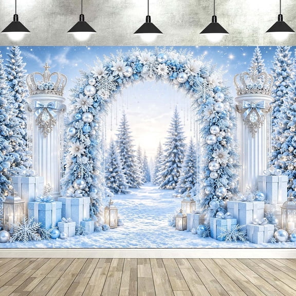 7x5ft Winter Wonderland Arch Christmas Photography Backdrop, Blue White Snowy Forest Pine Tree Snowflake Background Banner for Portrait Christmas Birthday Wedding Party Photo Booth Decor
