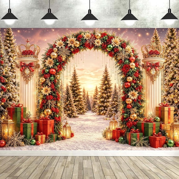 7x5ft Winter Wonderland Arch Christmas Photography Backdrop, Green White Snowy Forest Pine Tree Snowflake Background Banner for Portrait Christmas Birthday Wedding Party Photo Booth Decor