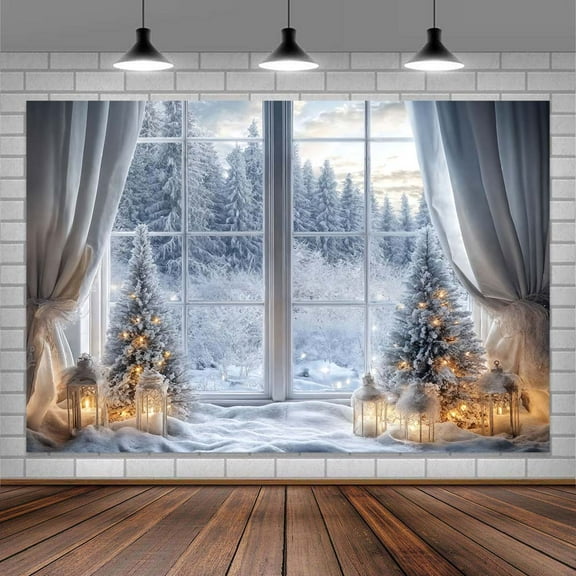 7x5ft Winter Wonderland Photography Backdrop Snowy Window Christmas Tree Glitter Snowflakes Snow Forest Background Holiday Party Portrait Photo Booth Props Winter Decorations
